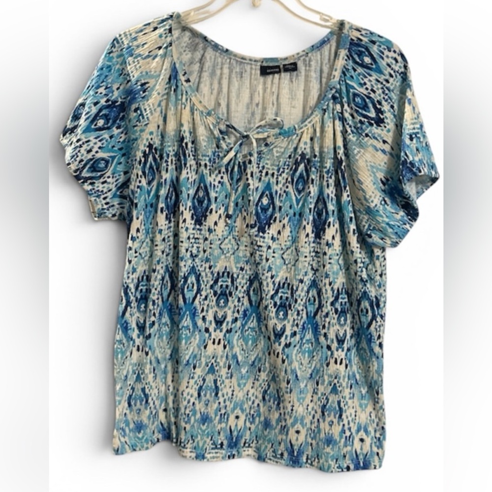 Basic Editions Blue Ikat Tie-Neck Peasant Blouse